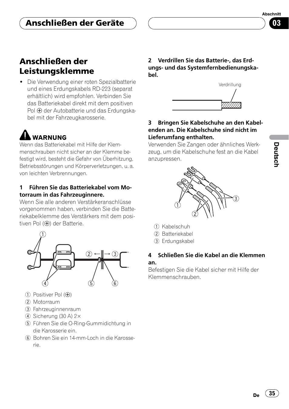 Anschließen der leistungsklemme, Anschließen der geräte | Pioneer GM-5400T User Manual | Page 35 / 96