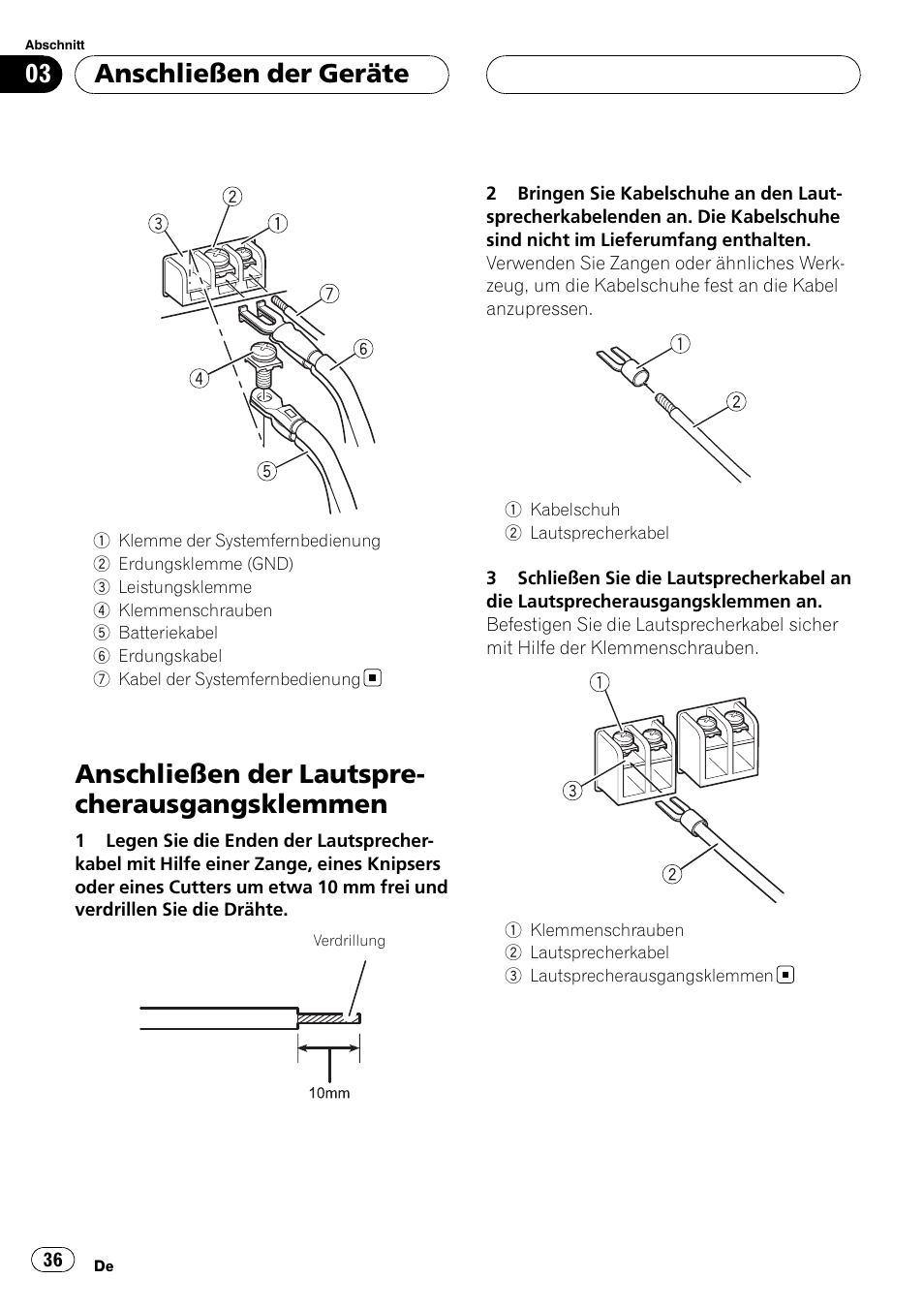 Anschließen der, Lautsprecherausgangsklemmen, Anschließen der lautspre- cherausgangsklemmen | Anschließen der geräte | Pioneer GM-5400T User Manual | Page 36 / 96
