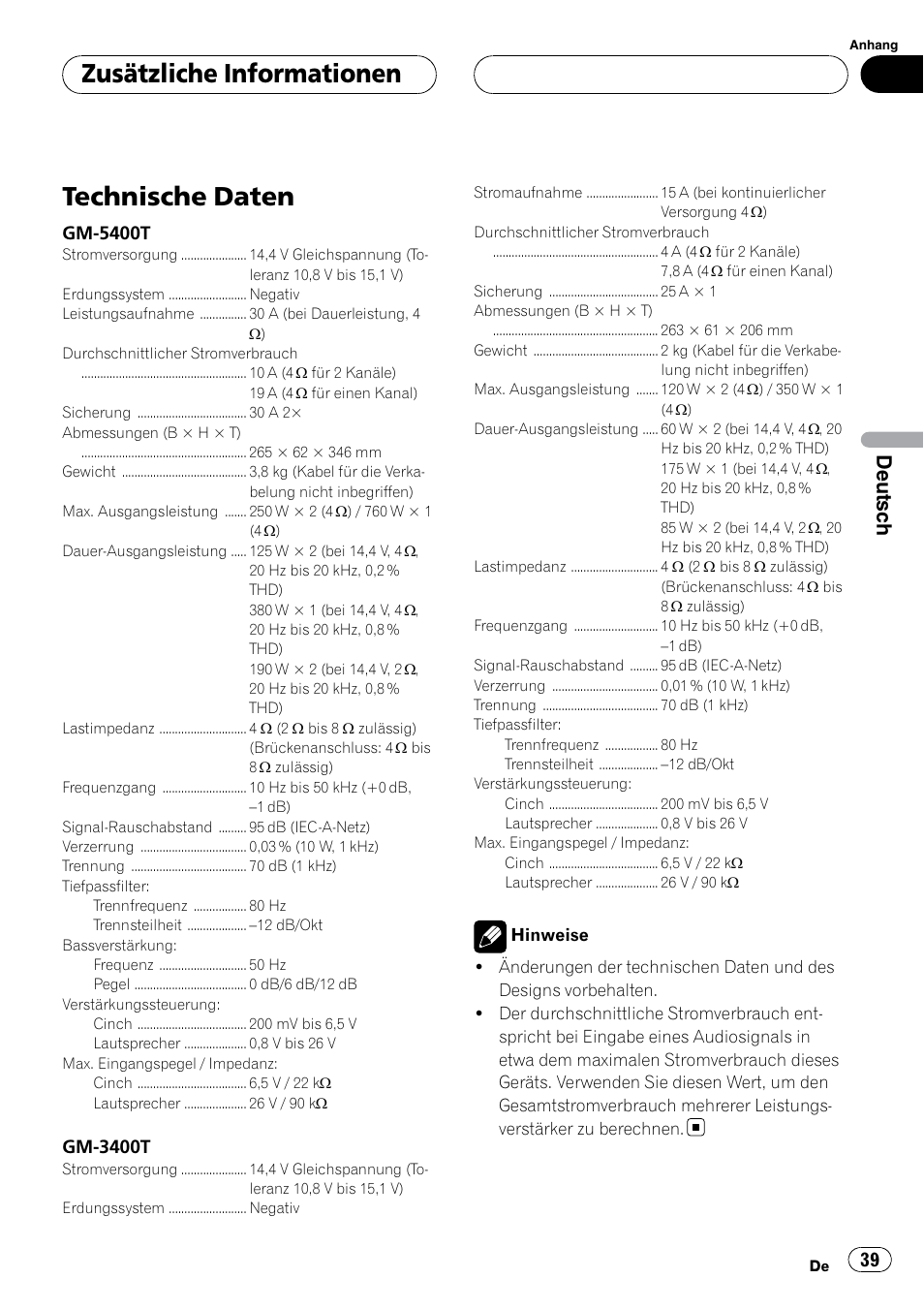 Zusätzliche informationen technische daten, Technische daten, Zusätzliche informationen | Deutsch | Pioneer GM-5400T User Manual | Page 39 / 96