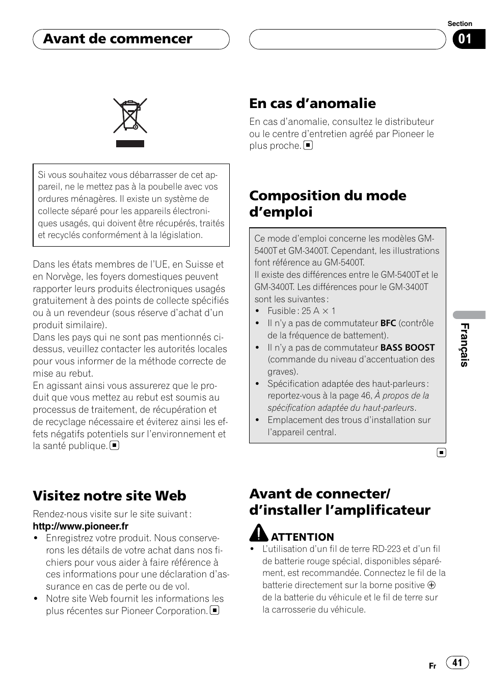 Avant de commencer, Visitez notre site web, En cas d | Anomalie 41, Composition du mode d, Emploi 41, Avant de connecter/d, Installer, Amplificateur 41, En cas d ’anomalie | Pioneer GM-5400T User Manual | Page 41 / 96