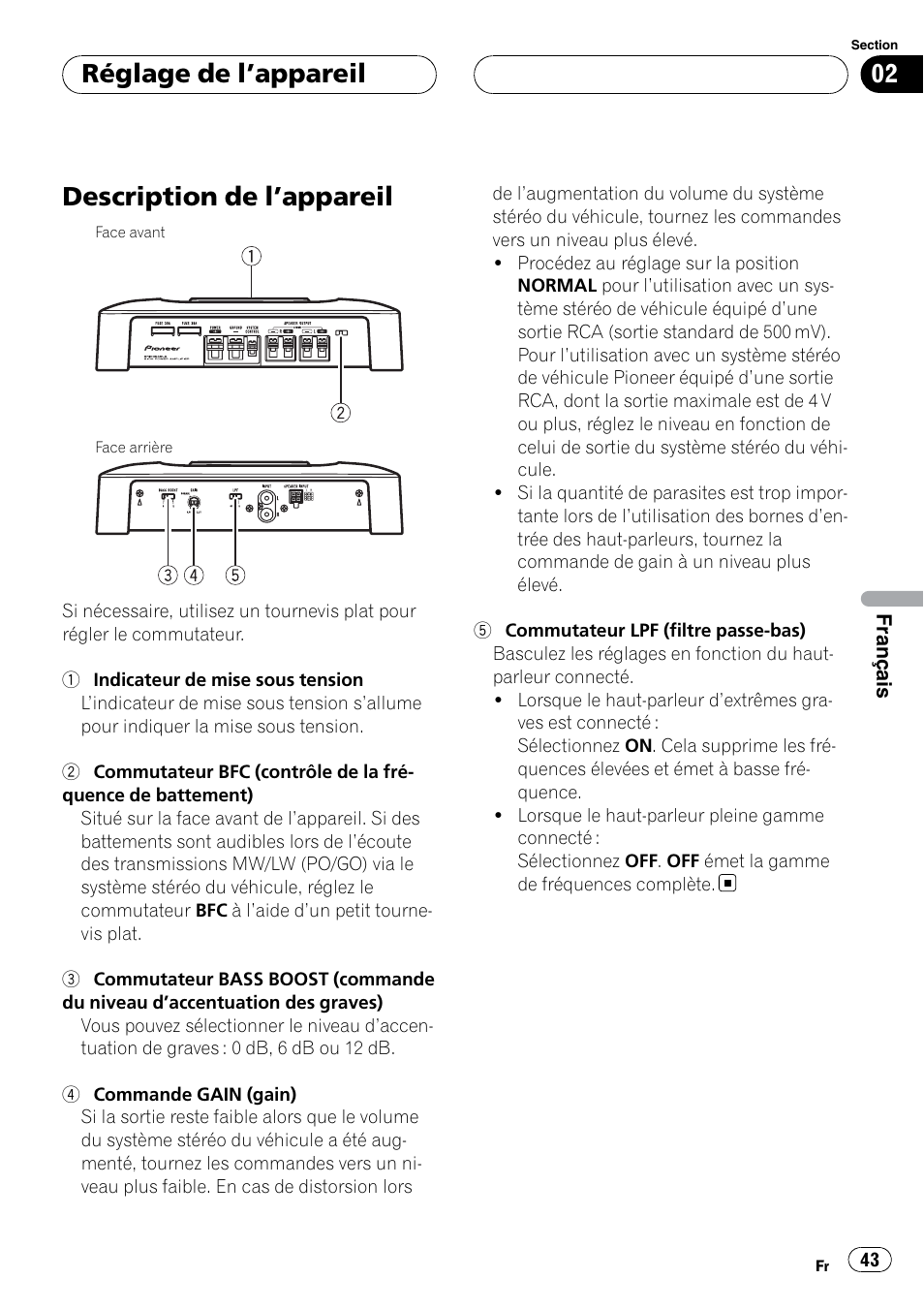 Réglage de l, Appareil, Description de l | Appareil 43, Description de l ’appareil, Réglage de l ’appareil | Pioneer GM-5400T User Manual | Page 43 / 96