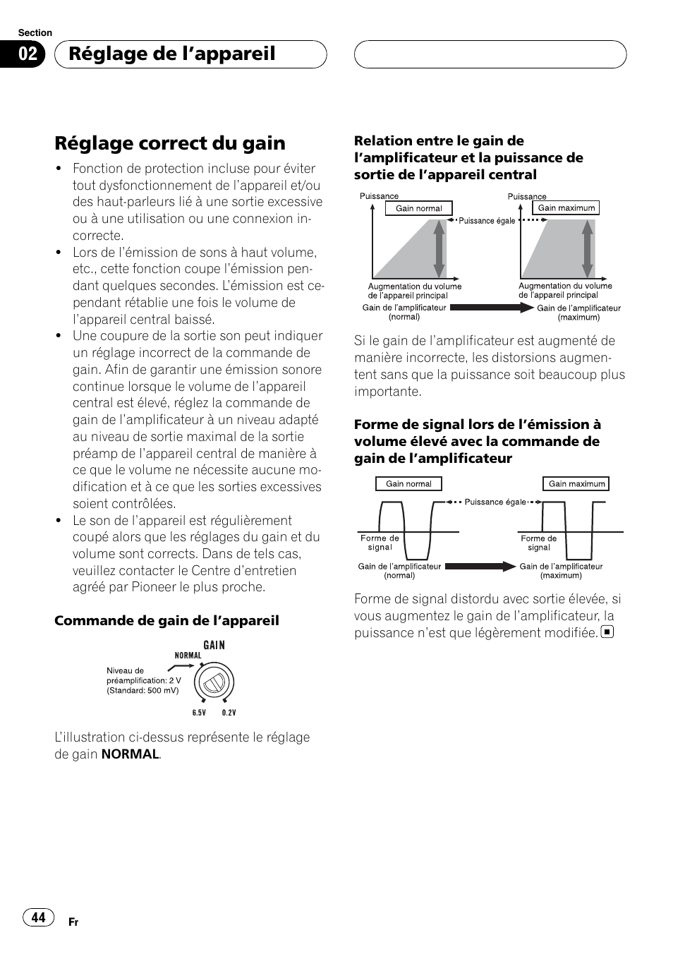 Réglage correct du gain, Réglage de l ’appareil | Pioneer GM-5400T User Manual | Page 44 / 96