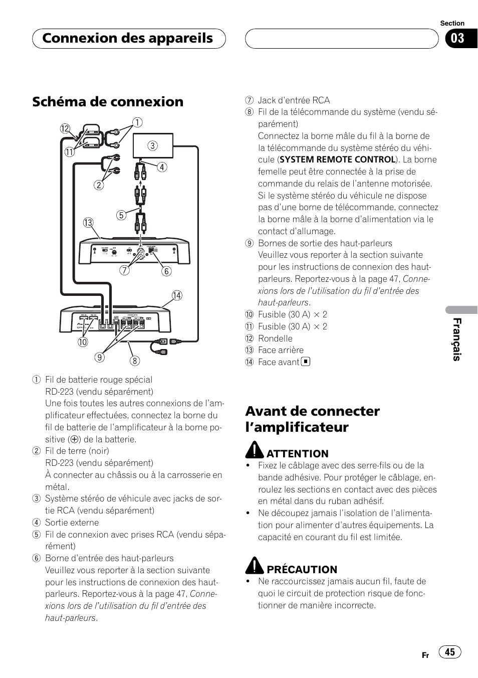 Connexion des appareils schéma de connexion, Avant de connecter l, Amplificateur 45 | Schéma de connexion, Avant de connecter l ’amplificateur, Connexion des appareils | Pioneer GM-5400T User Manual | Page 45 / 96
