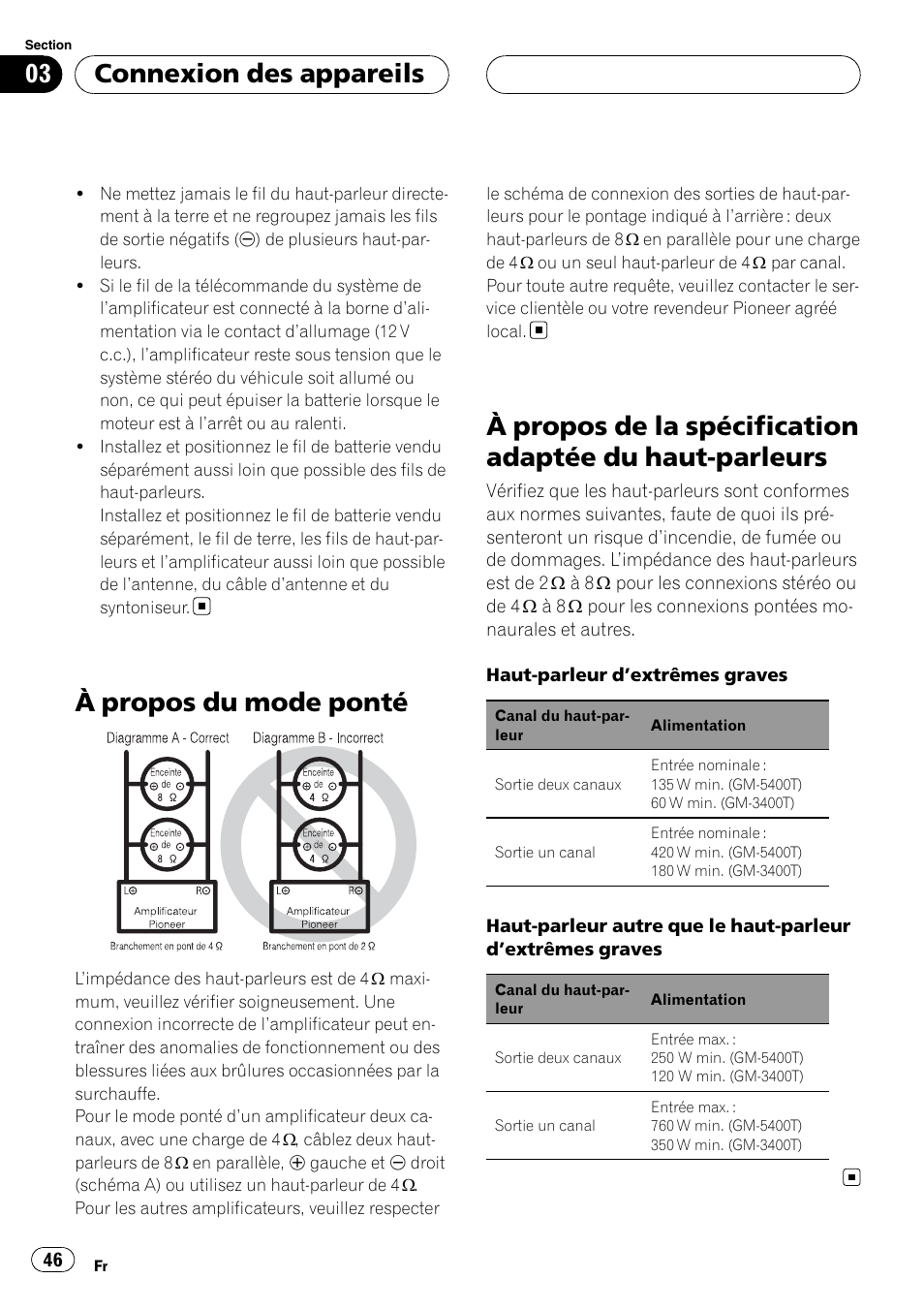À propos du mode ponté, À propos de la spécification adaptée du haut, Parleurs | Connexion des appareils | Pioneer GM-5400T User Manual | Page 46 / 96