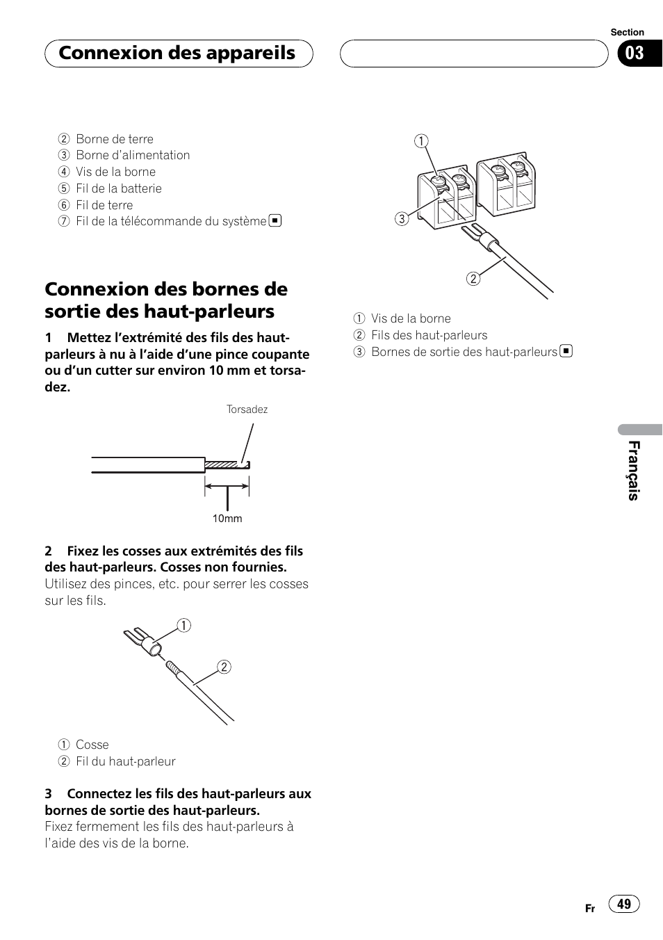 Connexion des bornes de sortie des haut, Parleurs, Connexion des bornes de sortie des haut-parleurs | Connexion des appareils | Pioneer GM-5400T User Manual | Page 49 / 96