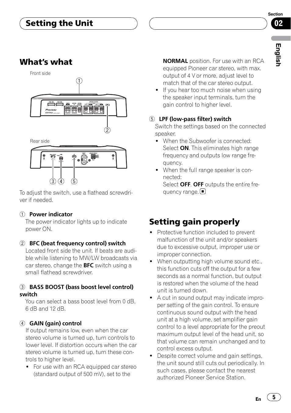 Setting the unit what, S what 5, Setting gain properly | What ’s what, Setting the unit | Pioneer GM-5400T User Manual | Page 5 / 96