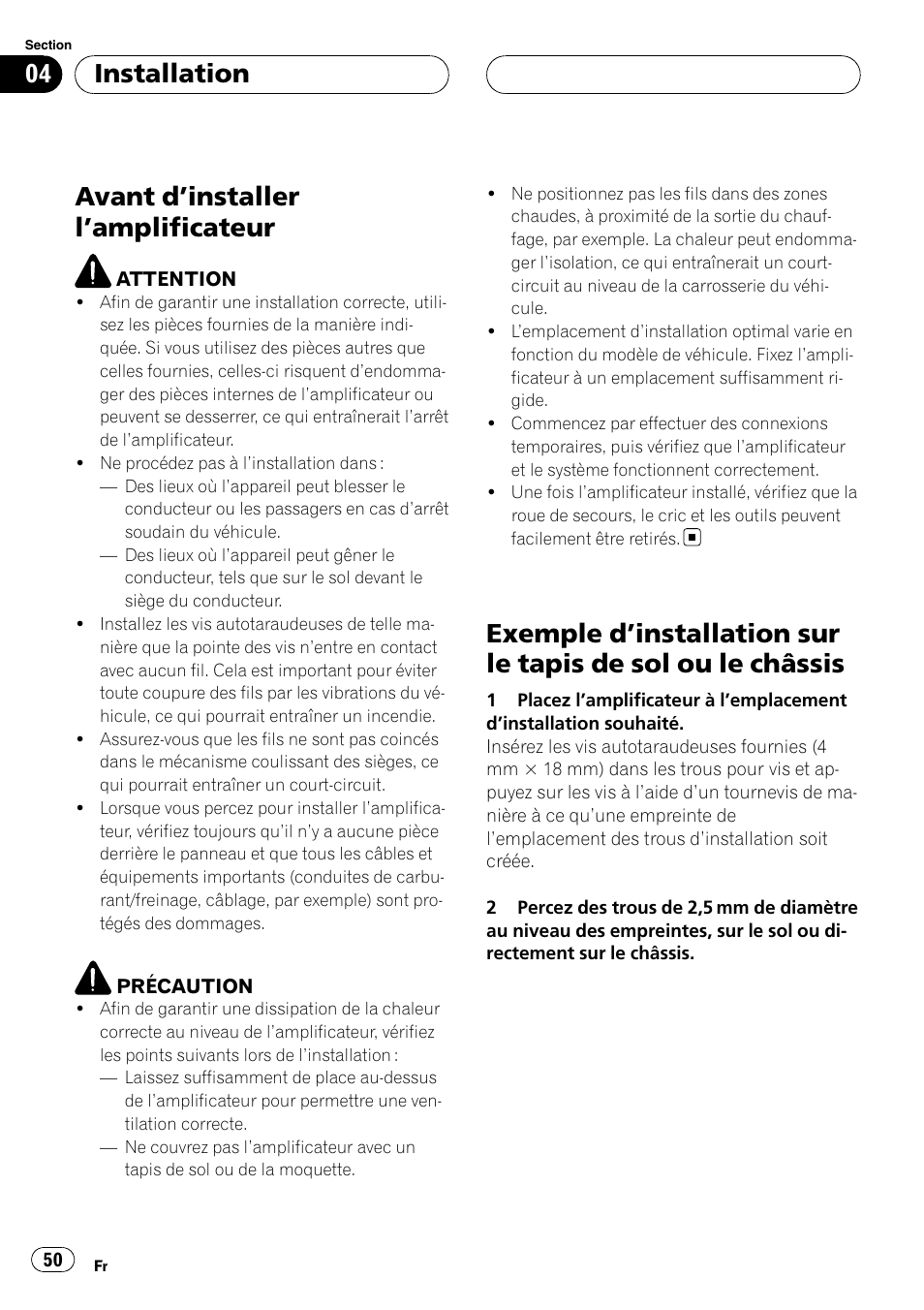 Installation avant d, Installer l’amplificateur 50, Exemple d | Installation sur le tapis de sol ou, Le châssis, Avant d ’installer l ’amplificateur, Installation | Pioneer GM-5400T User Manual | Page 50 / 96
