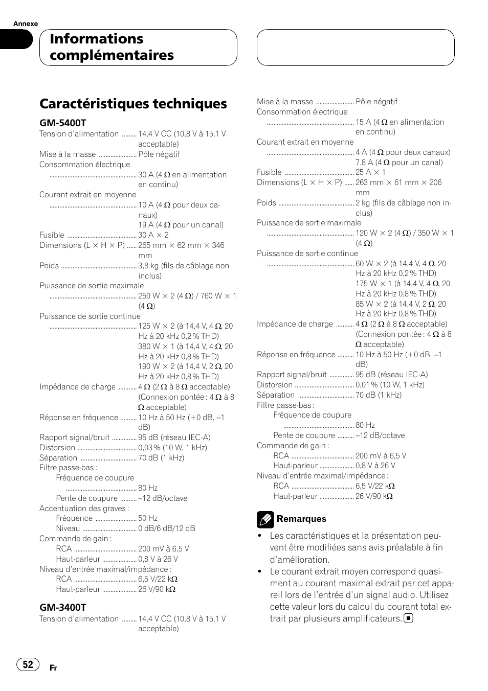 Caractéristiques techniques, Informations complémentaires, Gm-5400t | Gm-3400t | Pioneer GM-5400T User Manual | Page 52 / 96
