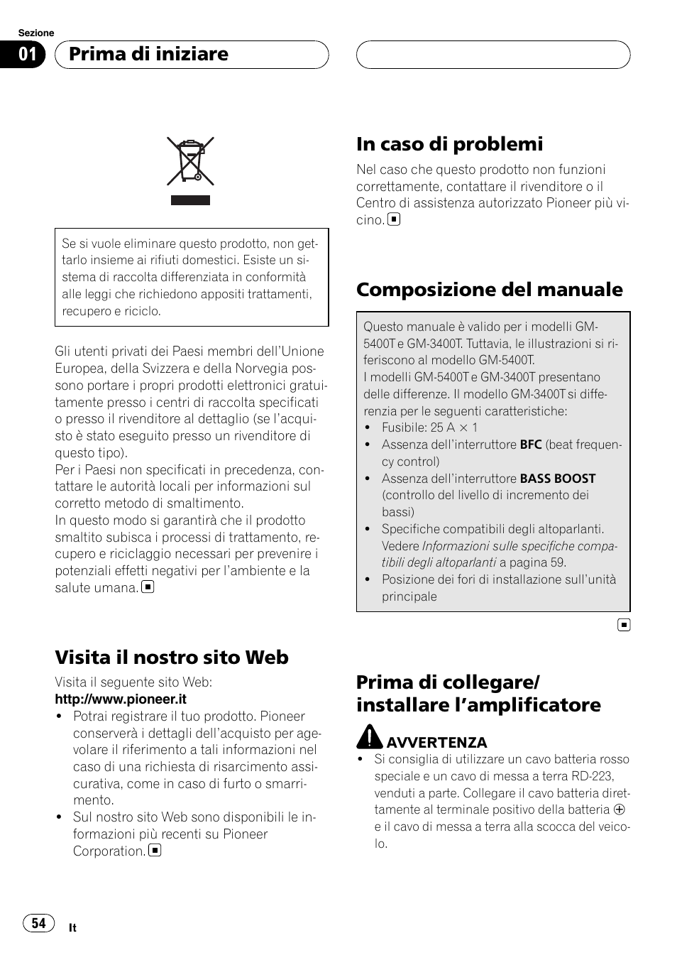 Prima di iniziare, Visita il nostro sito web, In caso di problemi | Composizione del manuale, Prima di collegare/installare, Amplificatore 54, Prima di collegare/ installare l ’amplificatore | Pioneer GM-5400T User Manual | Page 54 / 96