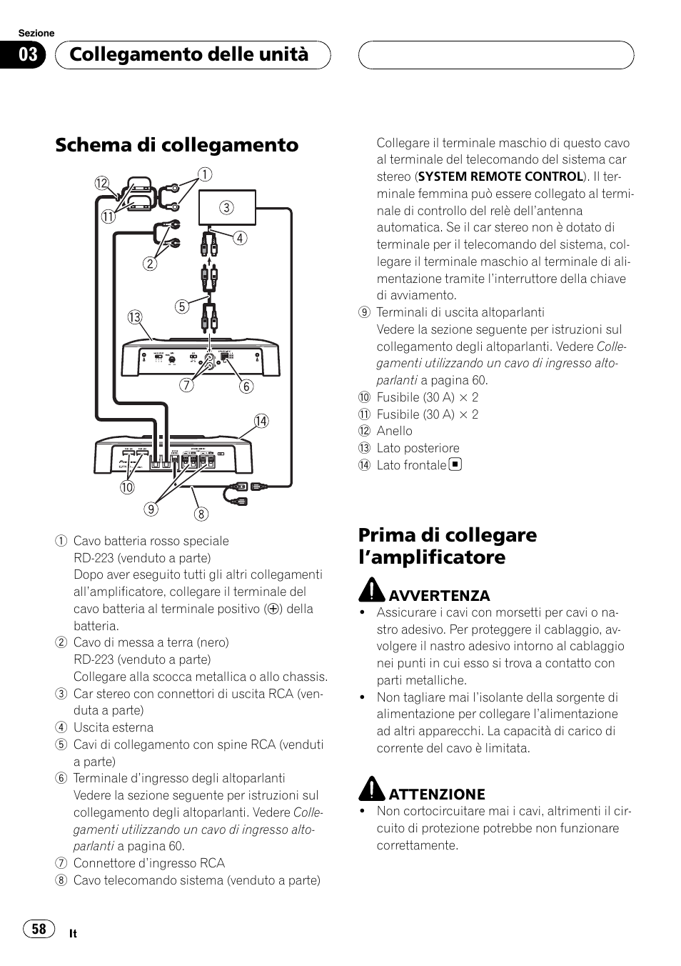 Collegamento delle unità schema di collegamento, Prima di collegare l, Amplificatore 58 | Schema di collegamento, Prima di collegare l ’amplificatore, Collegamento delle unità | Pioneer GM-5400T User Manual | Page 58 / 96