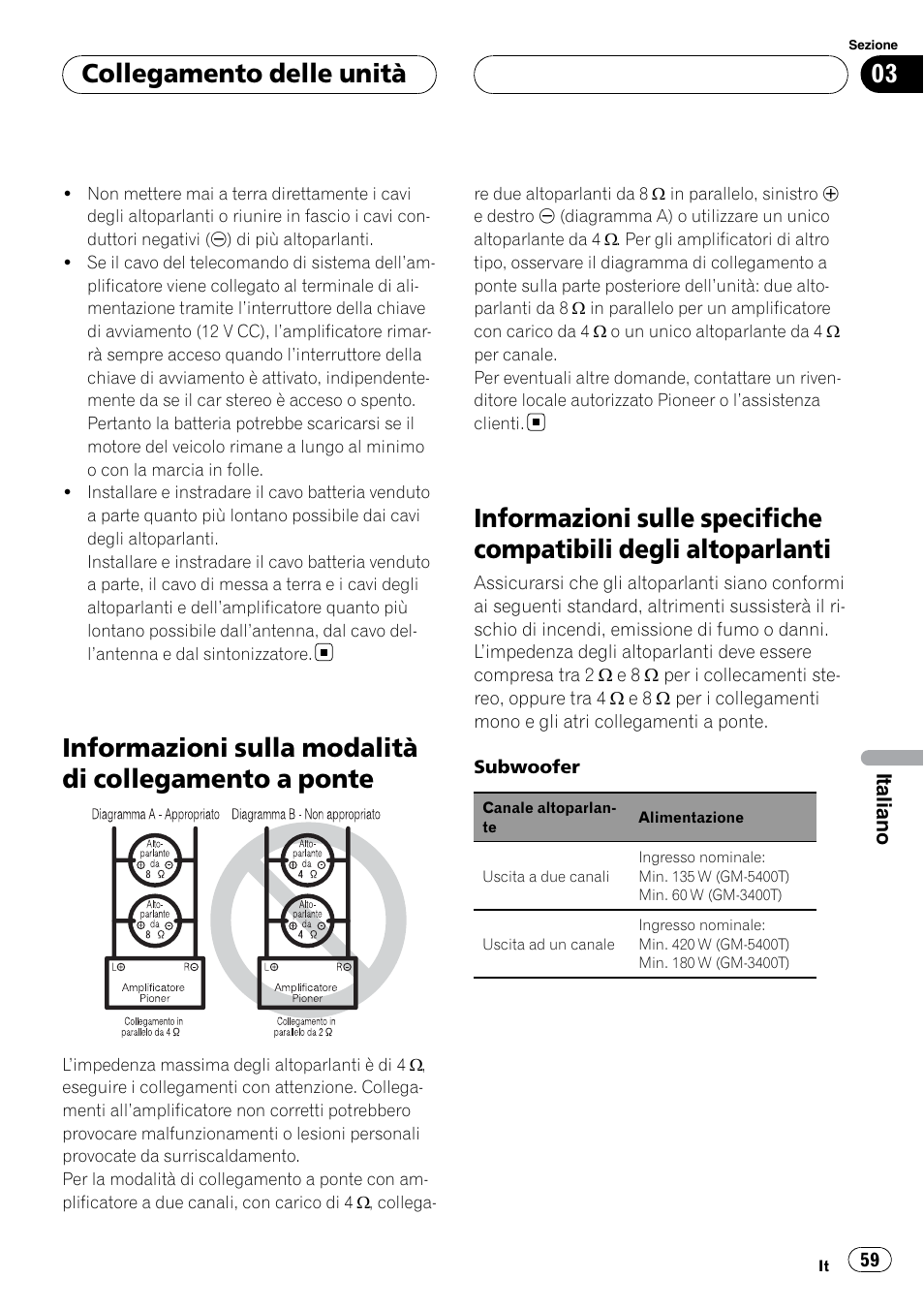 Informazioni sulla modalità di collegamento, A ponte, Informazioni sulle specifiche compatibili | Degli altoparlanti, Collegamento delle unità | Pioneer GM-5400T User Manual | Page 59 / 96