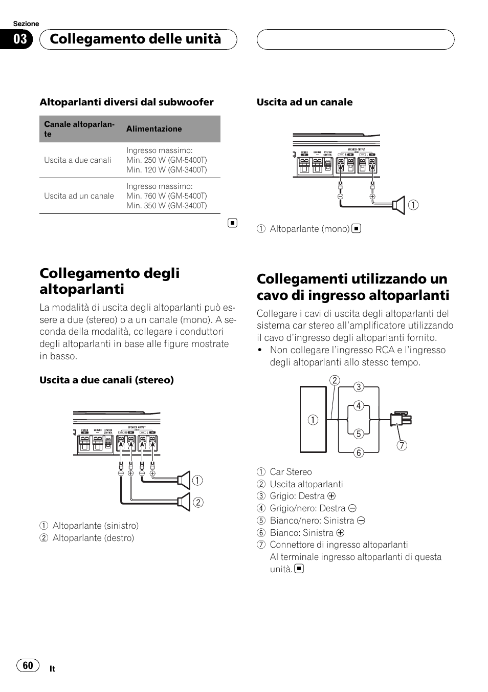 Collegamento degli altoparlanti, Collegamenti utilizzando un cavo di ingresso, Altoparlanti | Collegamento delle unità | Pioneer GM-5400T User Manual | Page 60 / 96