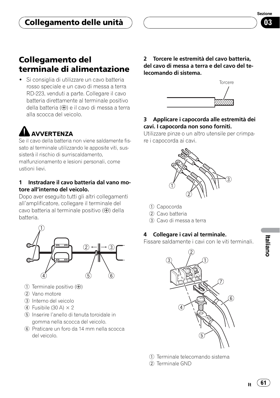 Collegamento del terminale di, Alimentazione, Collegamento del terminale di alimentazione | Collegamento delle unità | Pioneer GM-5400T User Manual | Page 61 / 96