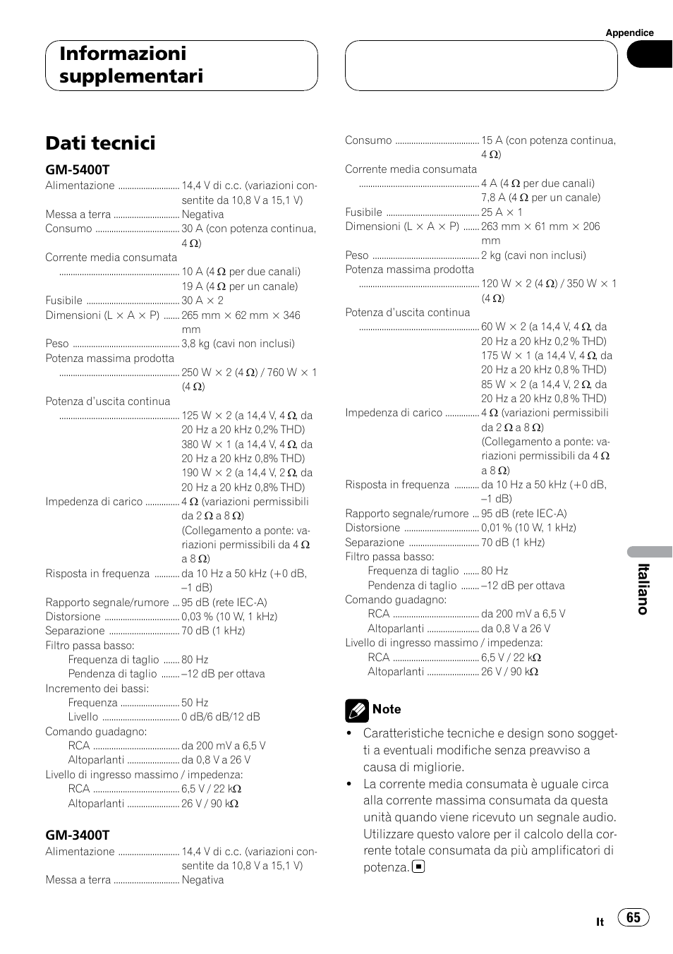 Informazioni supplementari dati tecnici, Dati tecnici, Informazioni supplementari | Italiano, Gm-5400t, Gm-3400t | Pioneer GM-5400T User Manual | Page 65 / 96