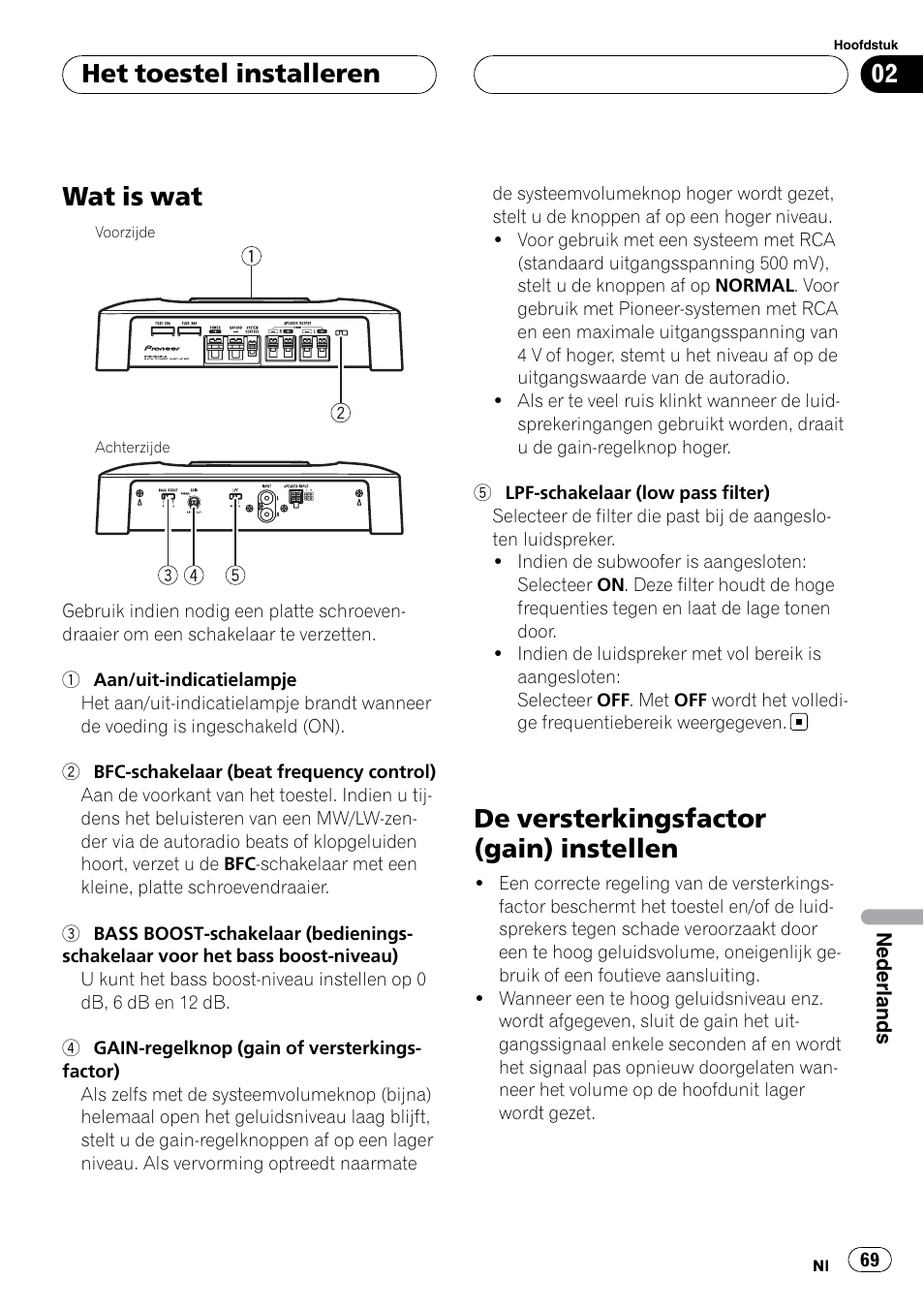 Het toestel installeren wat is wat, De versterkingsfactor (gain) instellen, Wat is wat | Het toestel installeren | Pioneer GM-5400T User Manual | Page 69 / 96
