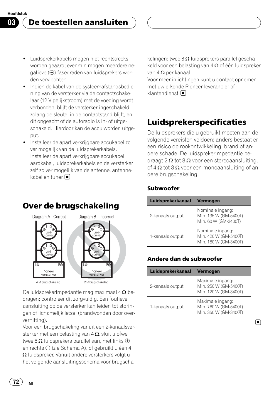 Over de brugschakeling, Luidsprekerspecificaties, De toestellen aansluiten | Pioneer GM-5400T User Manual | Page 72 / 96