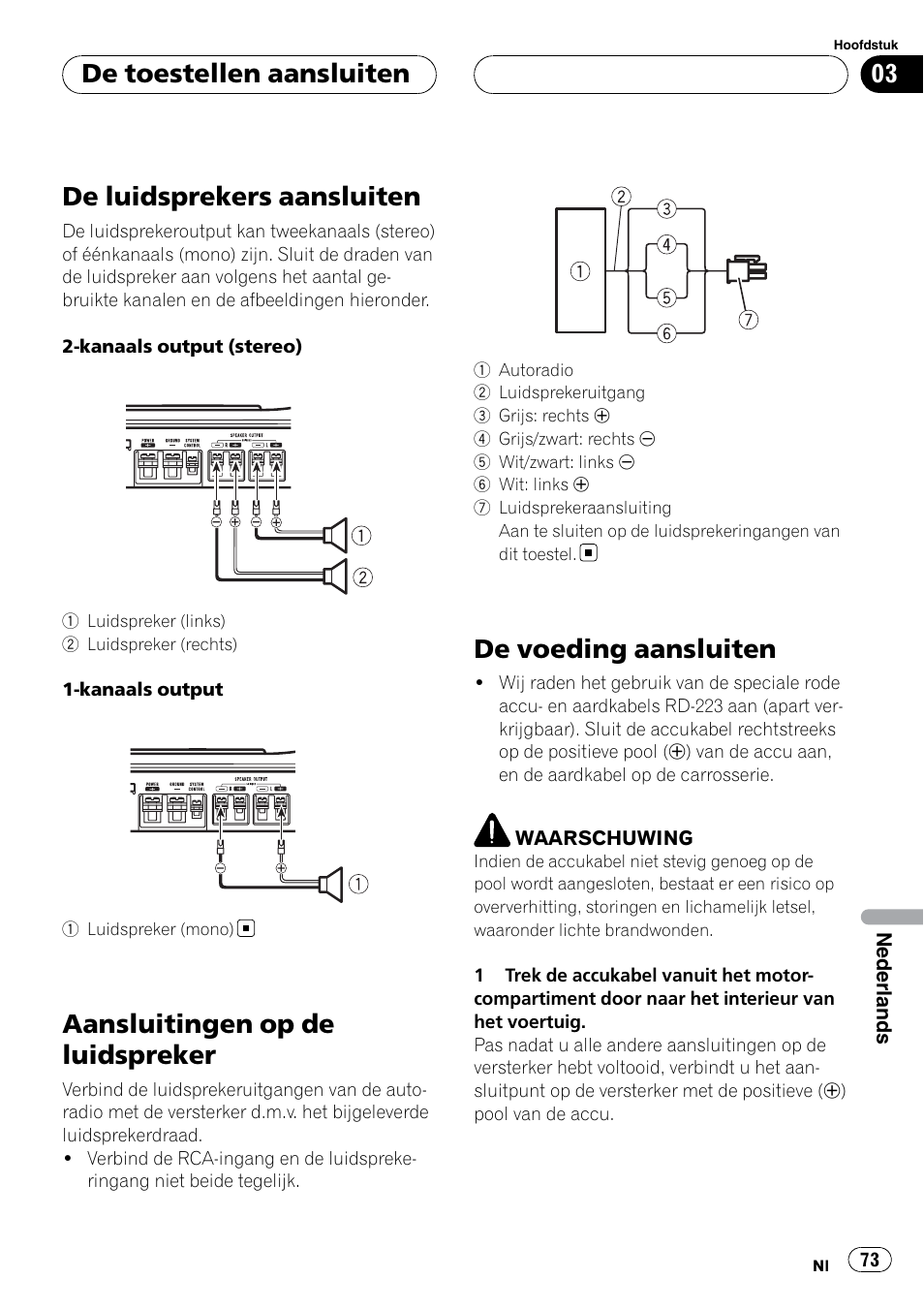 De luidsprekers aansluiten, Aansluitingen op de luidspreker, De voeding aansluiten | De toestellen aansluiten | Pioneer GM-5400T User Manual | Page 73 / 96