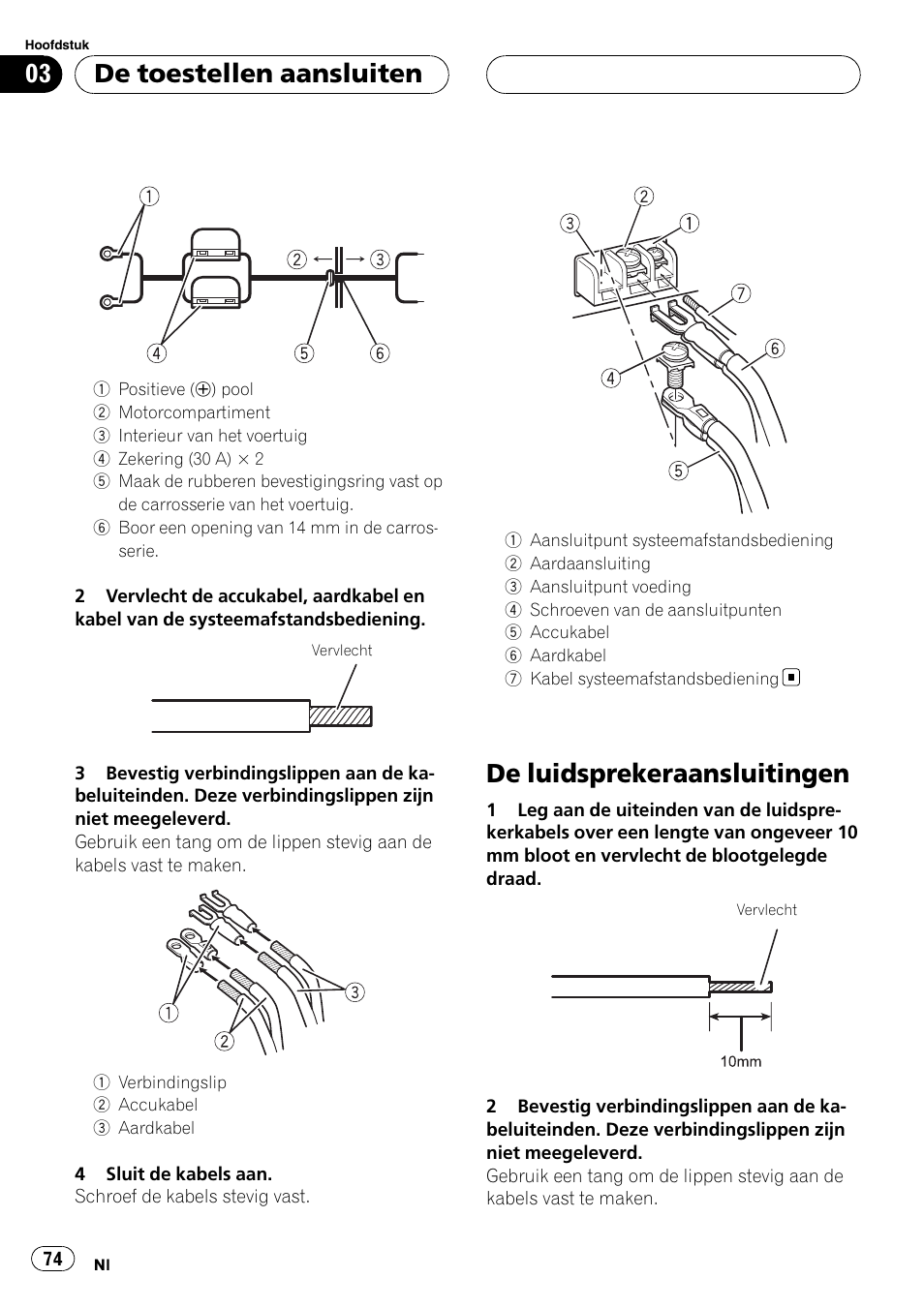 De luidsprekeraansluitingen, De toestellen aansluiten | Pioneer GM-5400T User Manual | Page 74 / 96