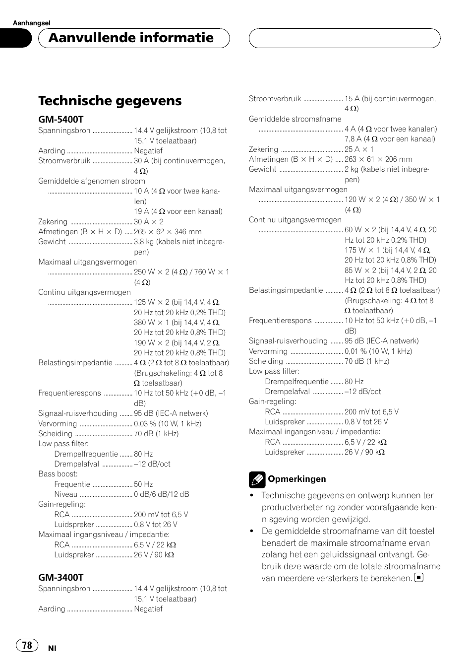 Aanvullende informatie technische gegevens, Technische gegevens, Aanvullende informatie | Gm-5400t, Gm-3400t | Pioneer GM-5400T User Manual | Page 78 / 96
