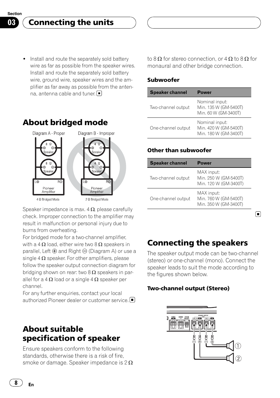 About bridged mode, About suitable specification of speaker, Connecting the speakers | Connecting the units | Pioneer GM-5400T User Manual | Page 8 / 96