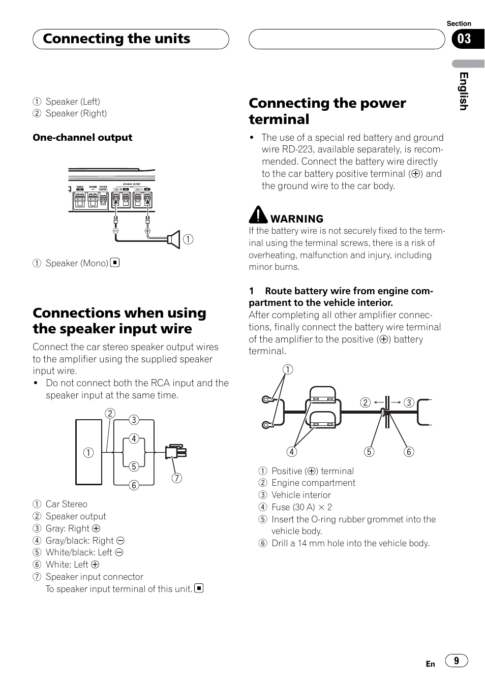 Connections when using the speaker input, Wire, Connecting the power terminal | Connections when using the speaker input wire, Connecting the units | Pioneer GM-5400T User Manual | Page 9 / 96