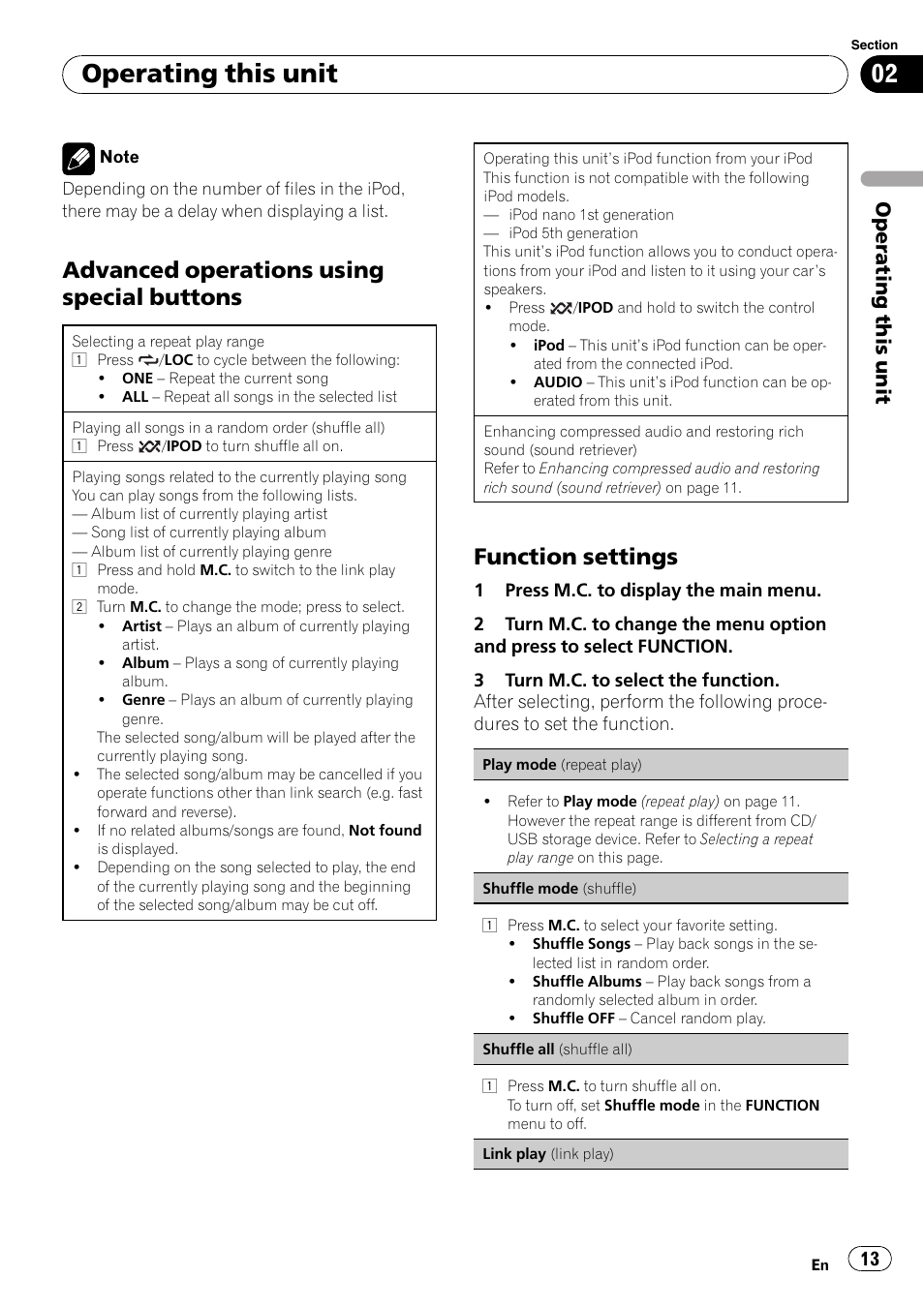 Advanced operations using special, Buttons, Function settings 13 | Operating this unit, Advanced operations using special buttons, Function settings | Pioneer DEH-7200SD User Manual | Page 13 / 28