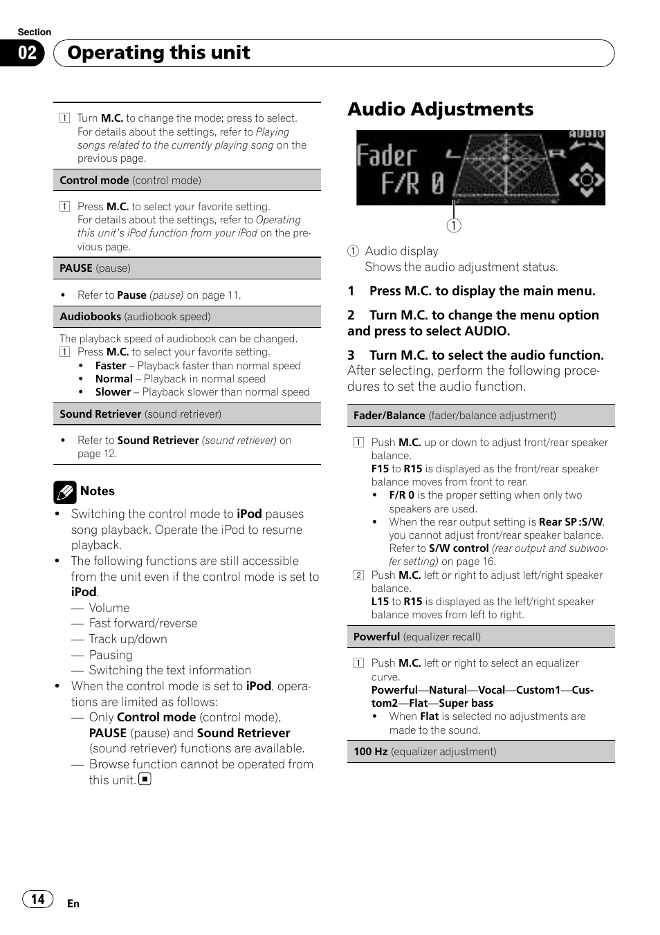 Audio adjustments, Operating this unit | Pioneer DEH-7200SD User Manual | Page 14 / 28