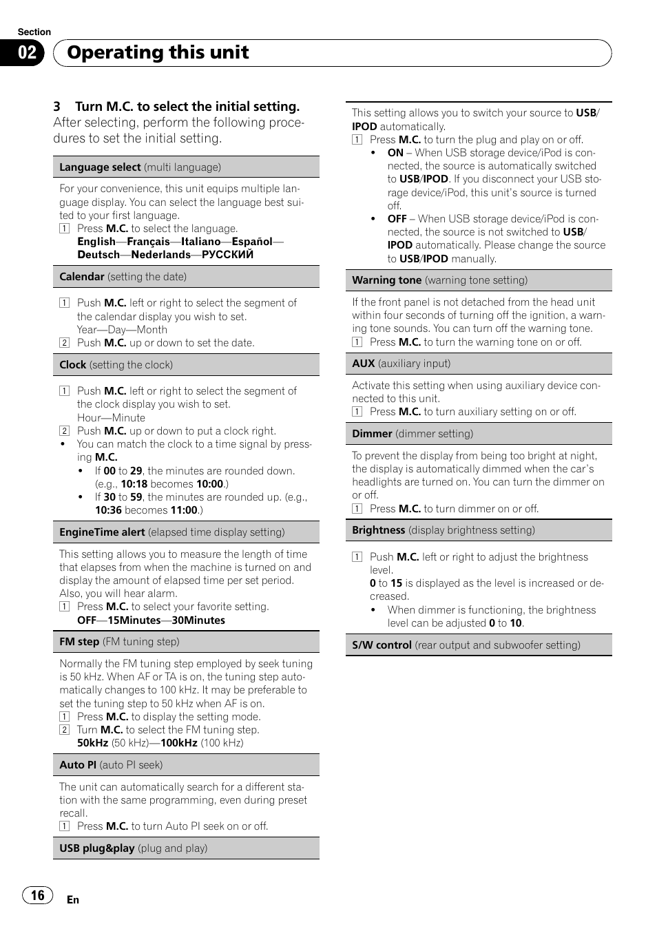 S/w control (rear output and subwoo, Operating this unit | Pioneer DEH-7200SD User Manual | Page 16 / 28