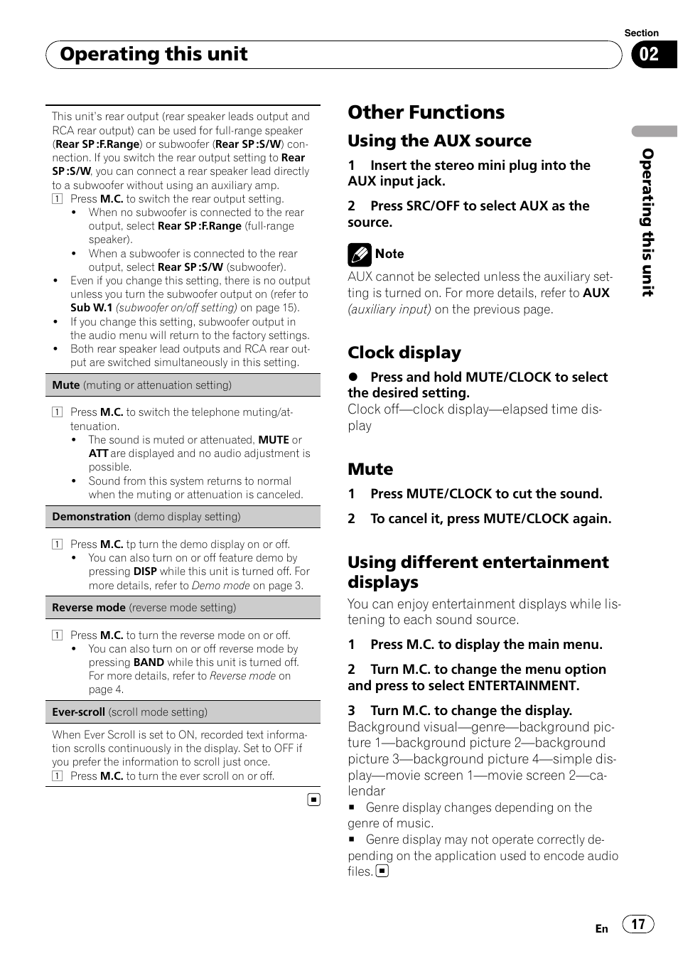 Other functions, Using the aux source 17, Clock display 17 | Mute 17, Using different entertainment, Displays, Operating this unit, Using the aux source, Clock display, Mute | Pioneer DEH-7200SD User Manual | Page 17 / 28