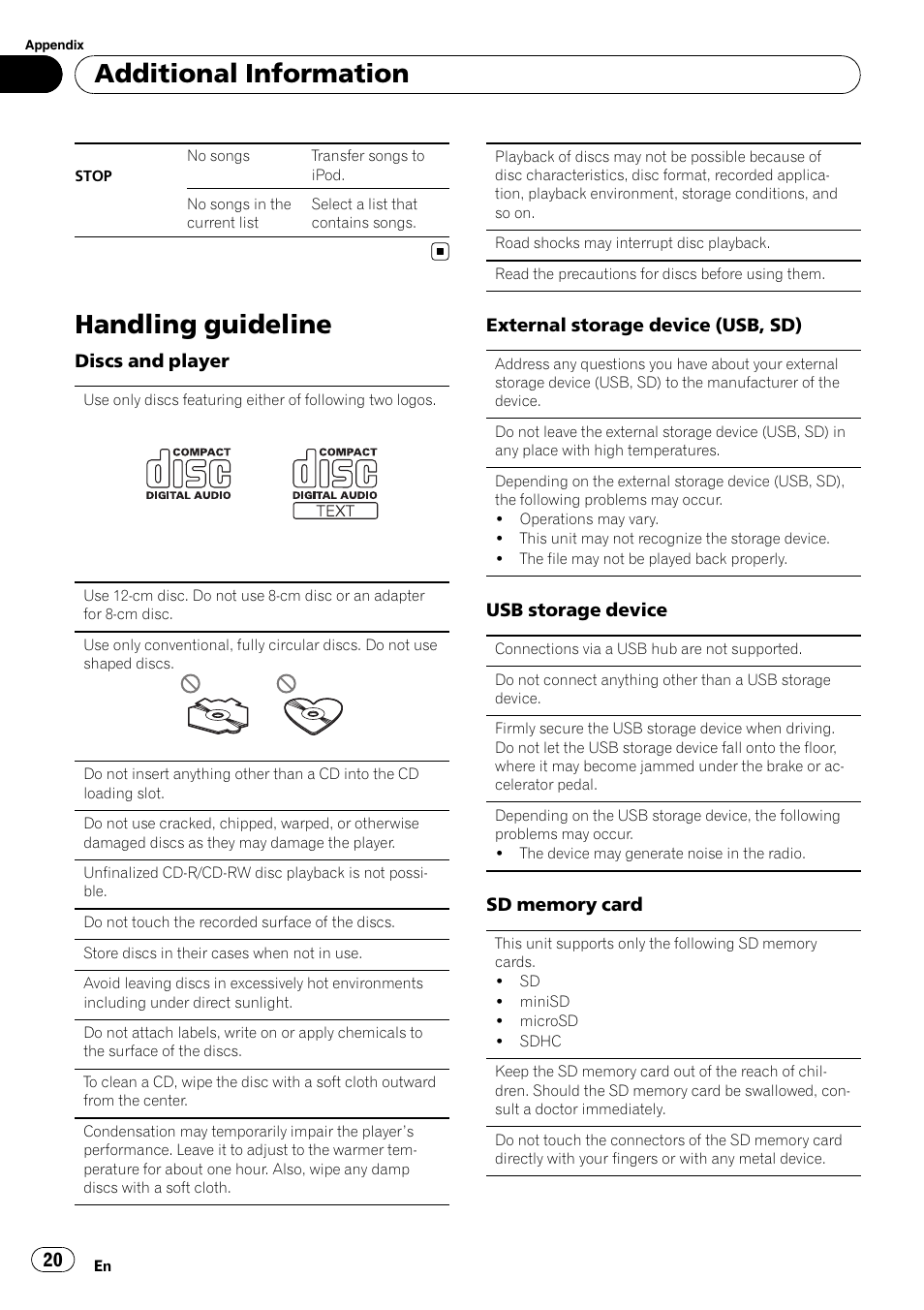 Handling guideline, Additional information | Pioneer DEH-7200SD User Manual | Page 20 / 28