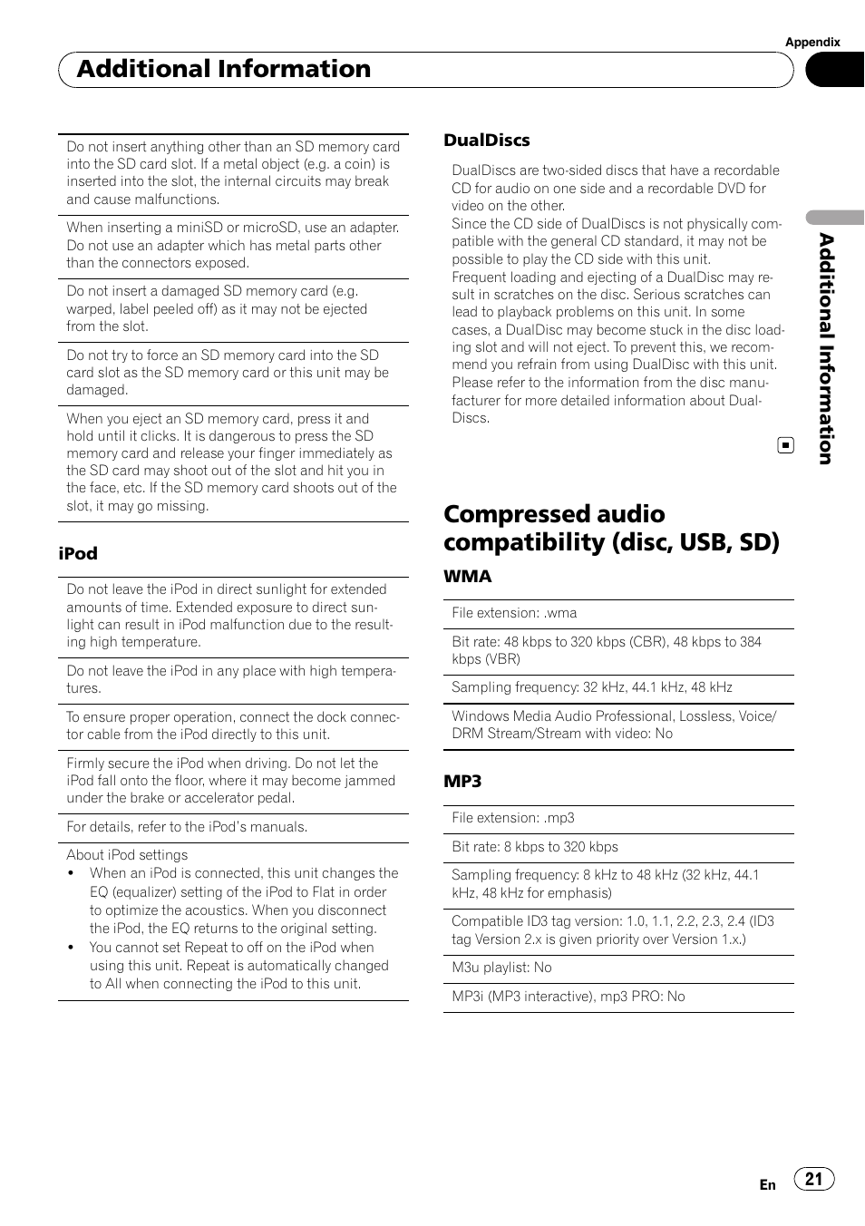 Compressed audio compatibility (disc, usb, Compressed audio compatibility (disc, usb, sd), Additional information | Pioneer DEH-7200SD User Manual | Page 21 / 28