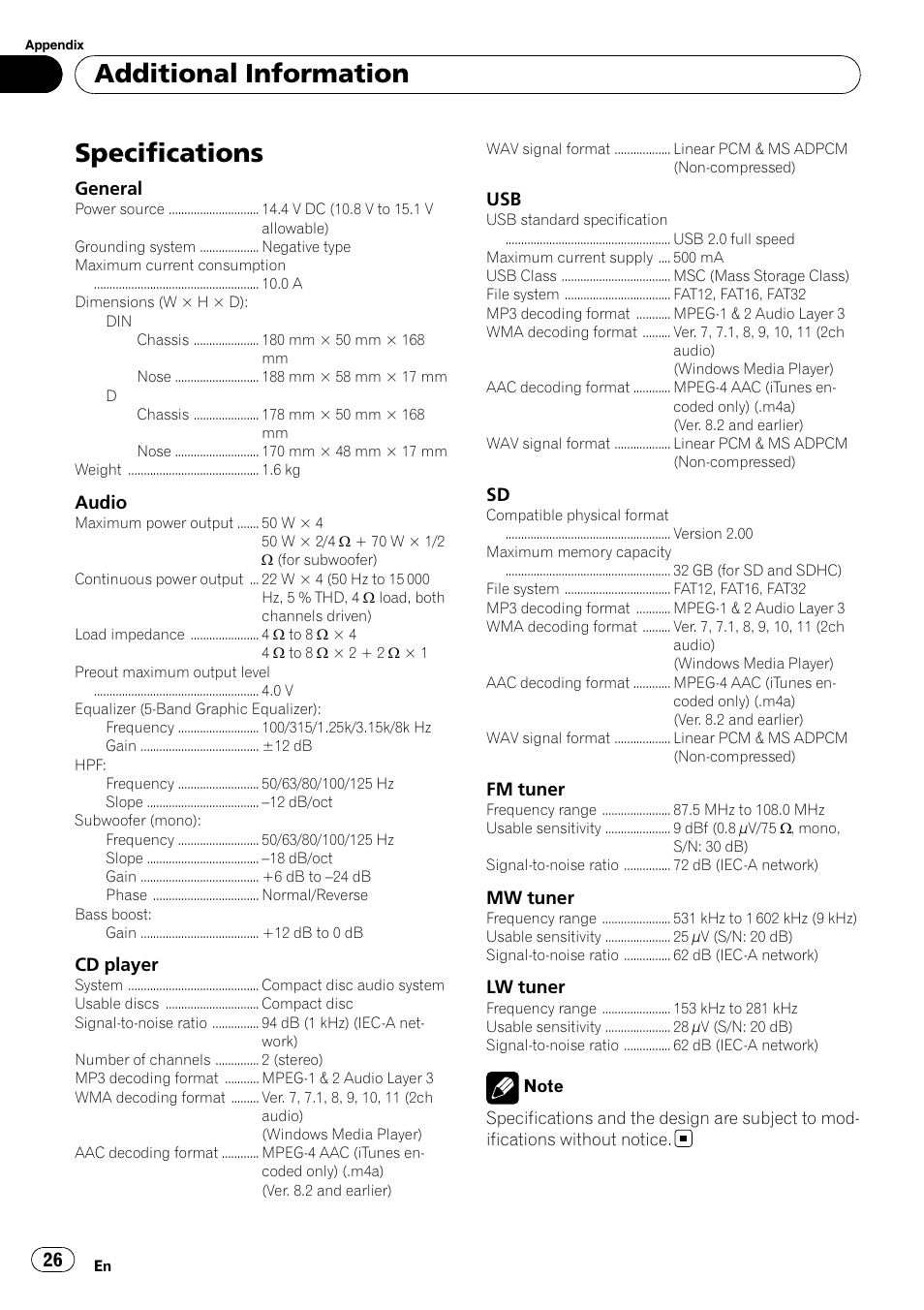 Specifications, Additional information | Pioneer DEH-7200SD User Manual | Page 26 / 28