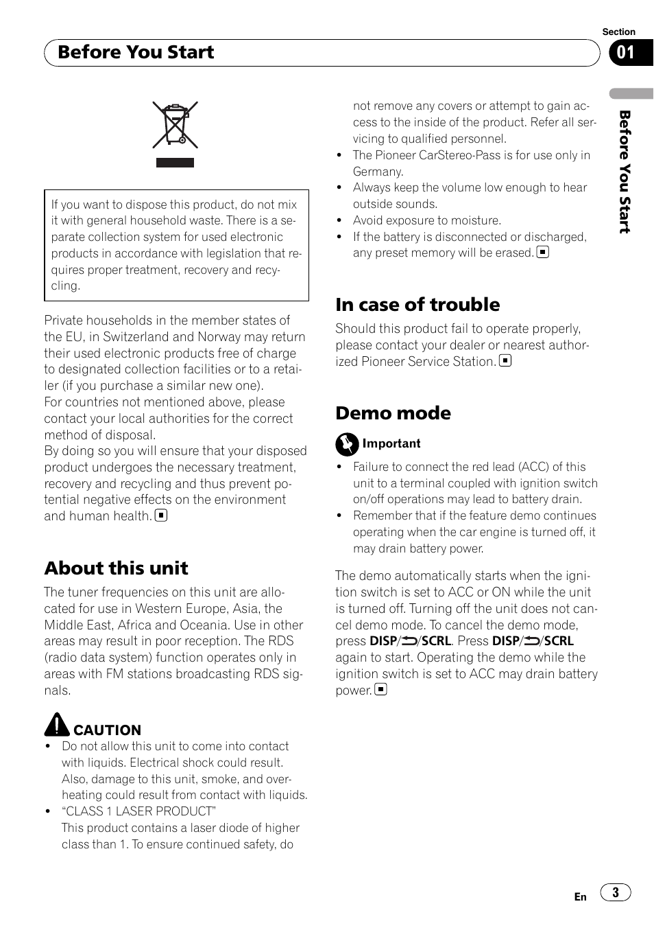 Before you start, About this unit, In case of trouble | Demo mode | Pioneer DEH-7200SD User Manual | Page 3 / 28