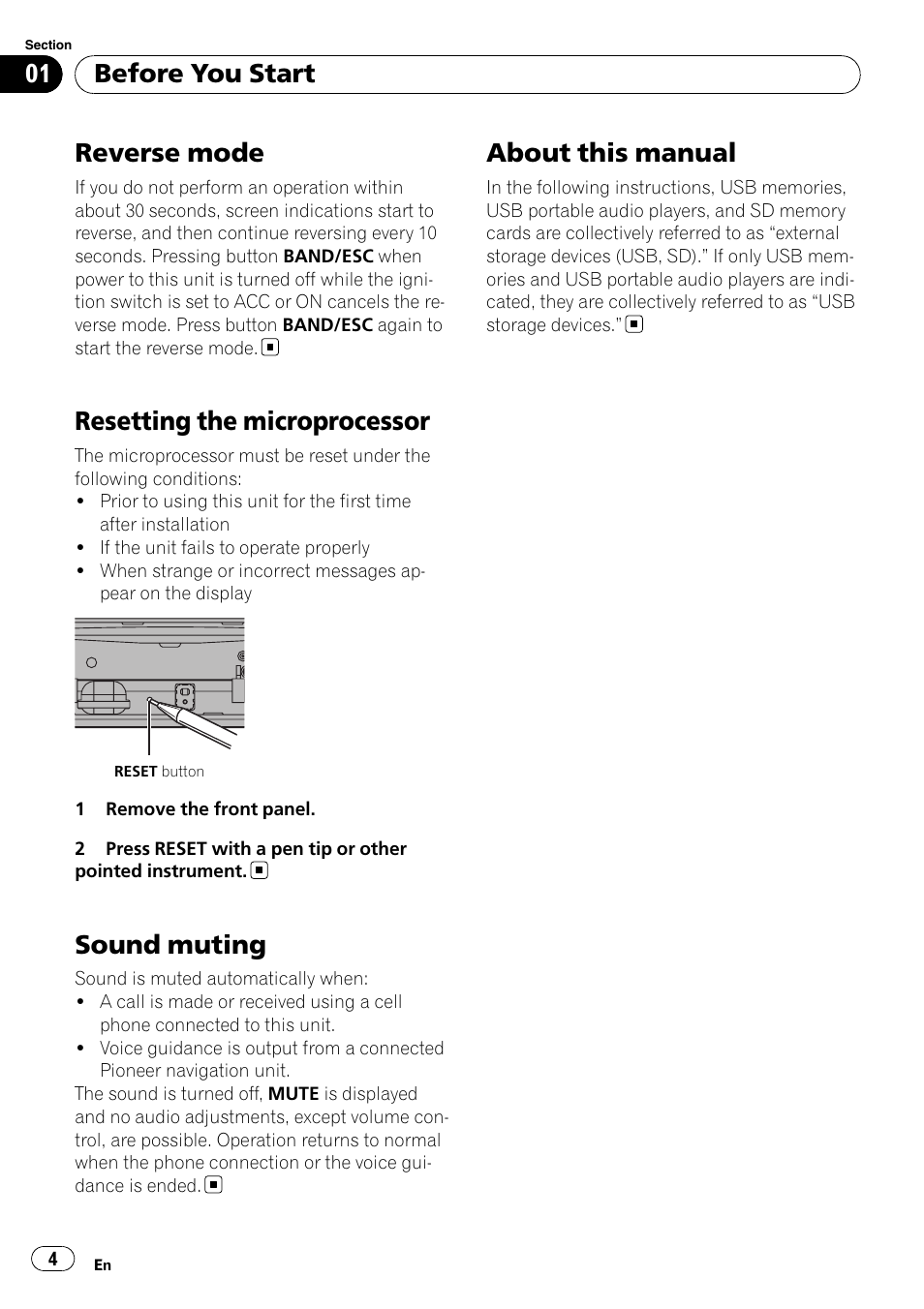 Reverse mode, Resetting the microprocessor, Sound muting | About this manual, Before you start | Pioneer DEH-7200SD User Manual | Page 4 / 28