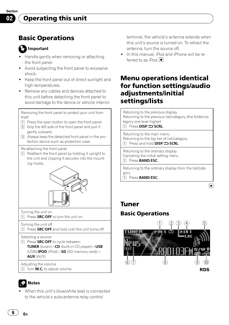 Basic operations, Menu operations identical for function, Settings/audio adjustments/initial settings/ lists | Tuner, Basic operations 6, Operating this unit | Pioneer DEH-7200SD User Manual | Page 6 / 28