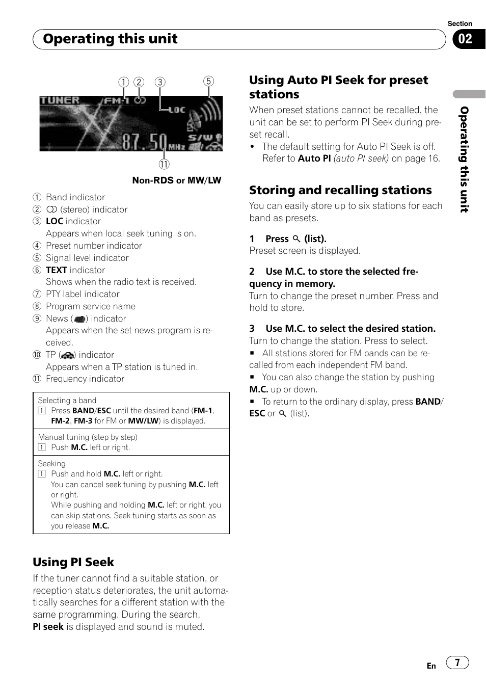 Using pi seek 7, Using auto pi seek for preset, Stations | Storing and recalling stations 7, Operating this unit, Using pi seek, Using auto pi seek for preset stations, Storing and recalling stations | Pioneer DEH-7200SD User Manual | Page 7 / 28