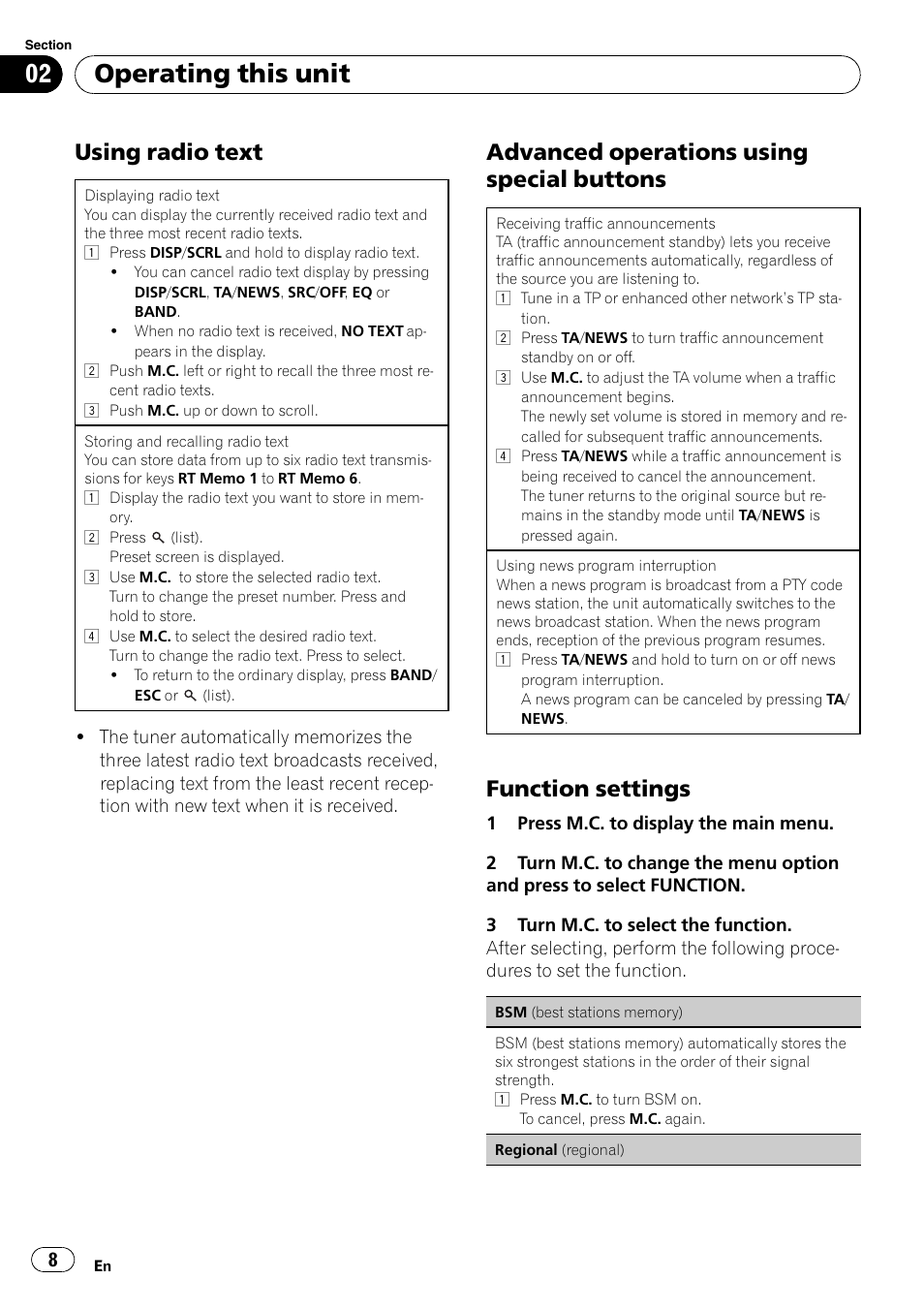 Using radio text 8, Advanced operations using special, Buttons | Function settings 8, Operating this unit, Using radio text, Advanced operations using special buttons, Function settings | Pioneer DEH-7200SD User Manual | Page 8 / 28