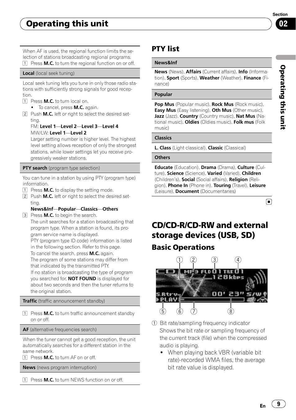 Pty list 9, Cd/cd-r/cd-rw and external storage, Devices (usb, sd) | Basic operations 9, Operating this unit, Pty list, Basic operations | Pioneer DEH-7200SD User Manual | Page 9 / 28