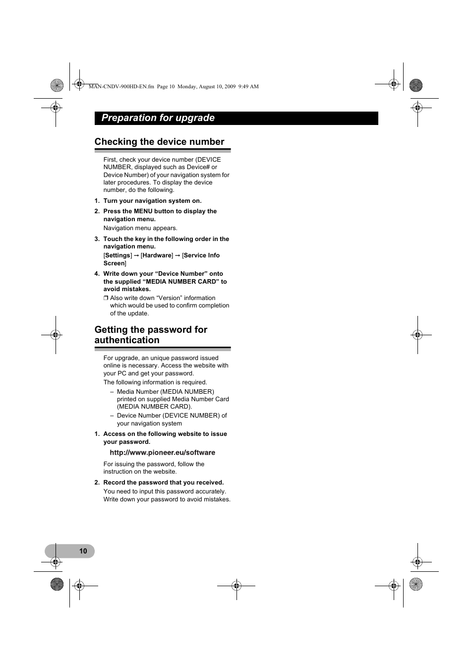 Preparation for upgrade, Checking the device number, Getting the password for authentication | Pioneer CNDV-900HD User Manual | Page 10 / 24