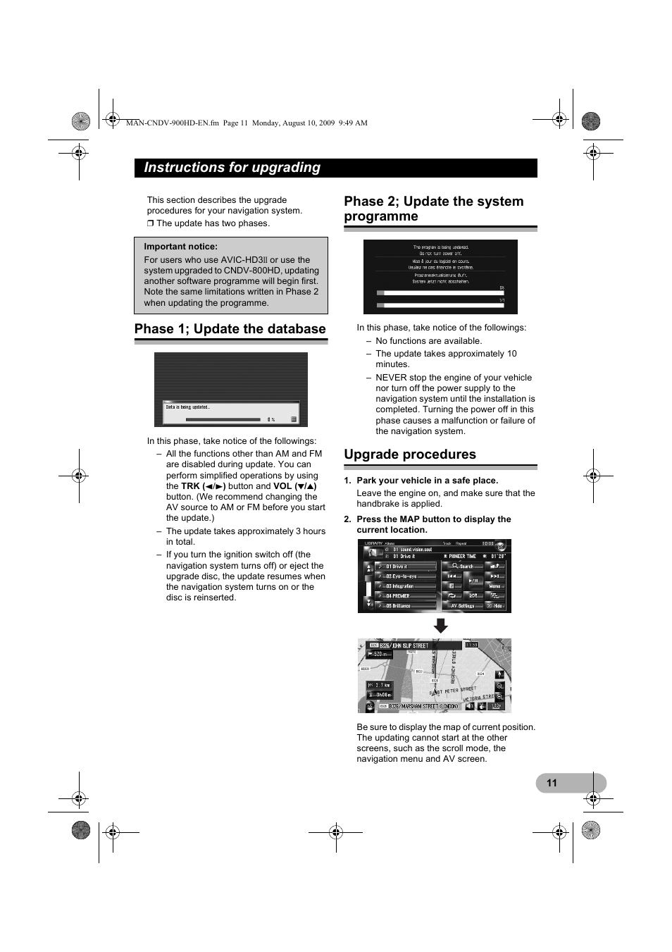Instructions for upgrading, Phase 1; update the database, Phase 2; update the system programme | Upgrade procedures | Pioneer CNDV-900HD User Manual | Page 11 / 24