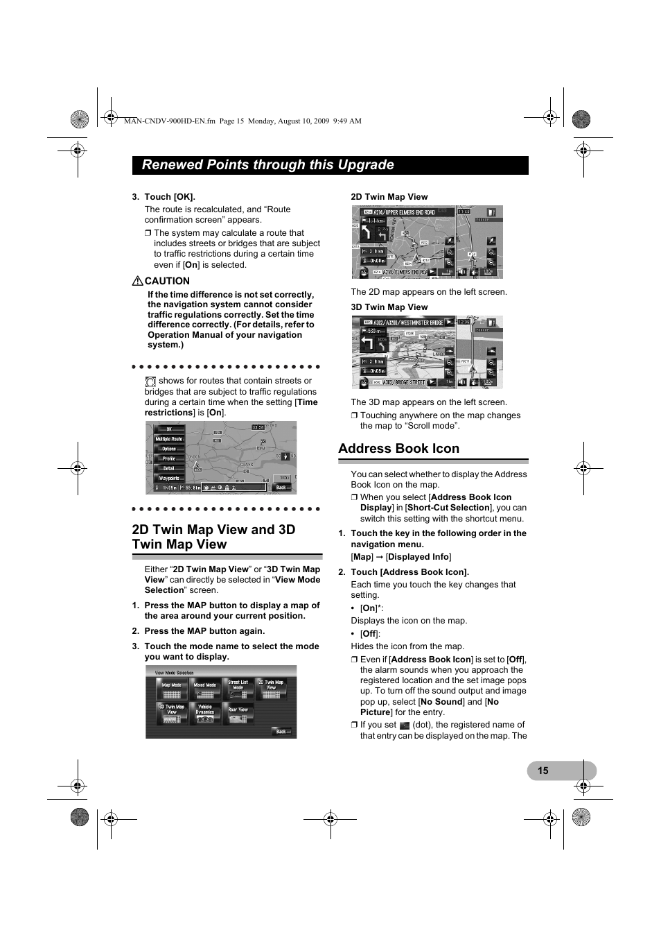 Renewed points through this upgrade, 2d twin map view and 3d twin map view, Address book icon | Pioneer CNDV-900HD User Manual | Page 15 / 24