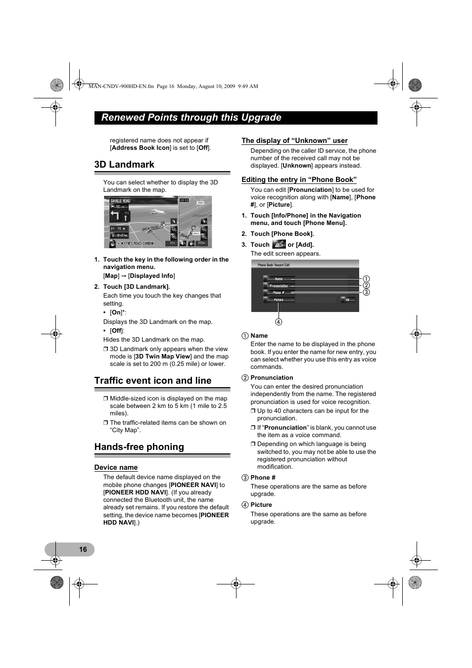 Renewed points through this upgrade, 3d landmark, Traffic event icon and line | Hands-free phoning | Pioneer CNDV-900HD User Manual | Page 16 / 24