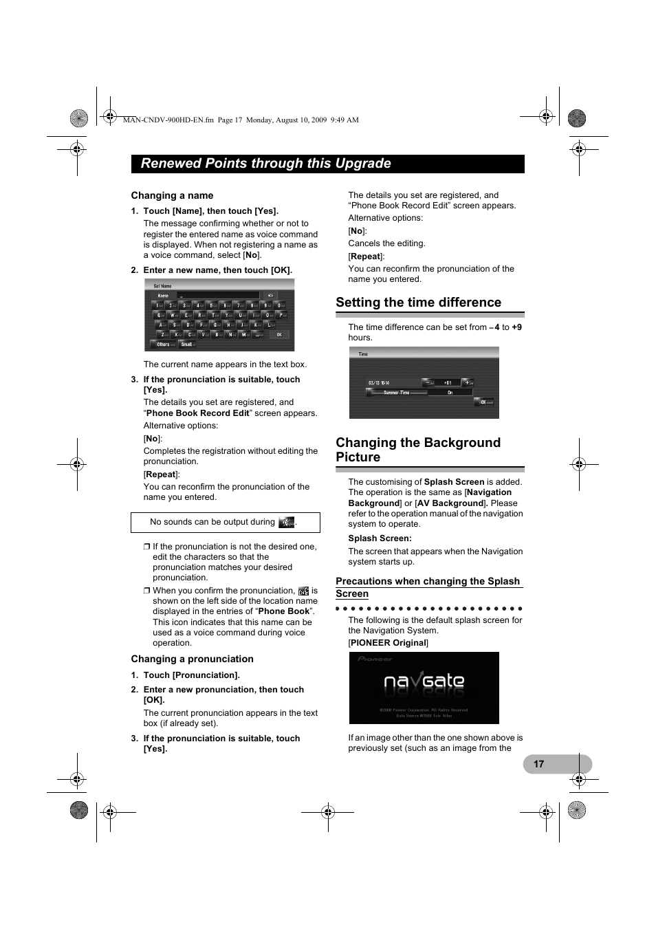Renewed points through this upgrade, Setting the time difference, Changing the background picture | Pioneer CNDV-900HD User Manual | Page 17 / 24