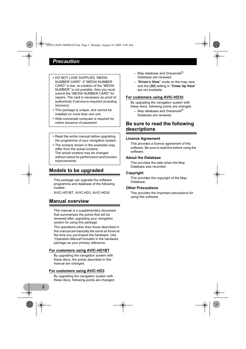 Precaution, Models to be upgraded, Manual overview | Be sure to read the following descriptions | Pioneer CNDV-900HD User Manual | Page 2 / 24