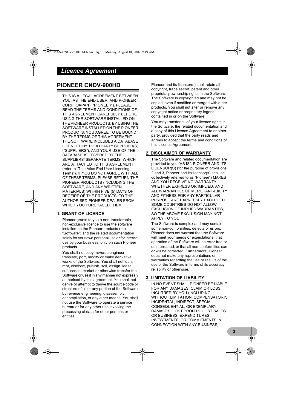 Licence agreement, Pioneer cndv-900hd | Pioneer CNDV-900HD User Manual | Page 3 / 24
