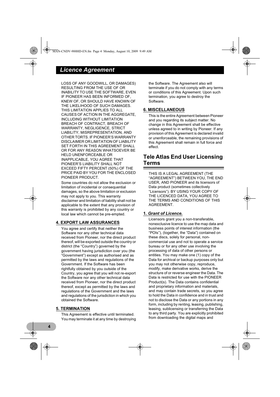 Licence agreement, Tele atlas end user licensing terms | Pioneer CNDV-900HD User Manual | Page 4 / 24