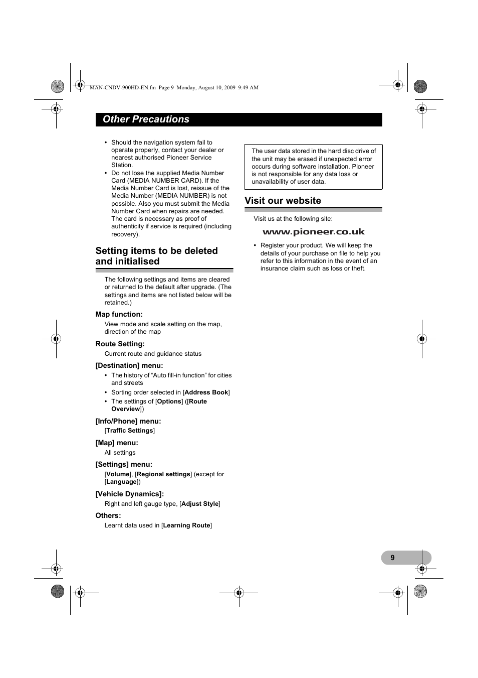 Other precautions, Setting items to be deleted and initialised, Visit our website | Pioneer CNDV-900HD User Manual | Page 9 / 24