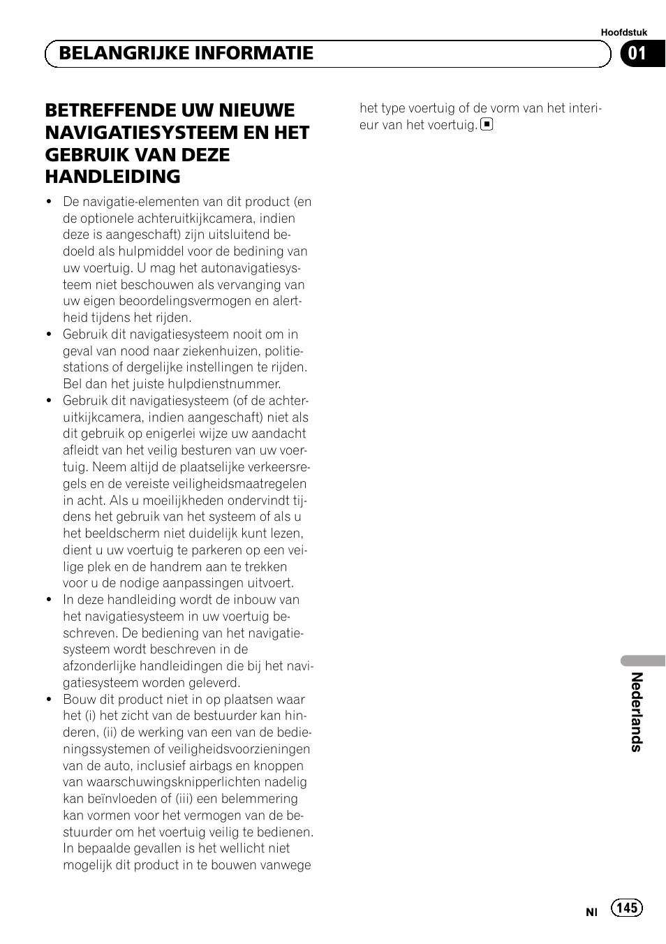 Belangrijke informatie, Betreffende uw nieuwe, 01 belangrijke informatie | Pioneer AVIC-F9210BT User Manual | Page 145 / 172