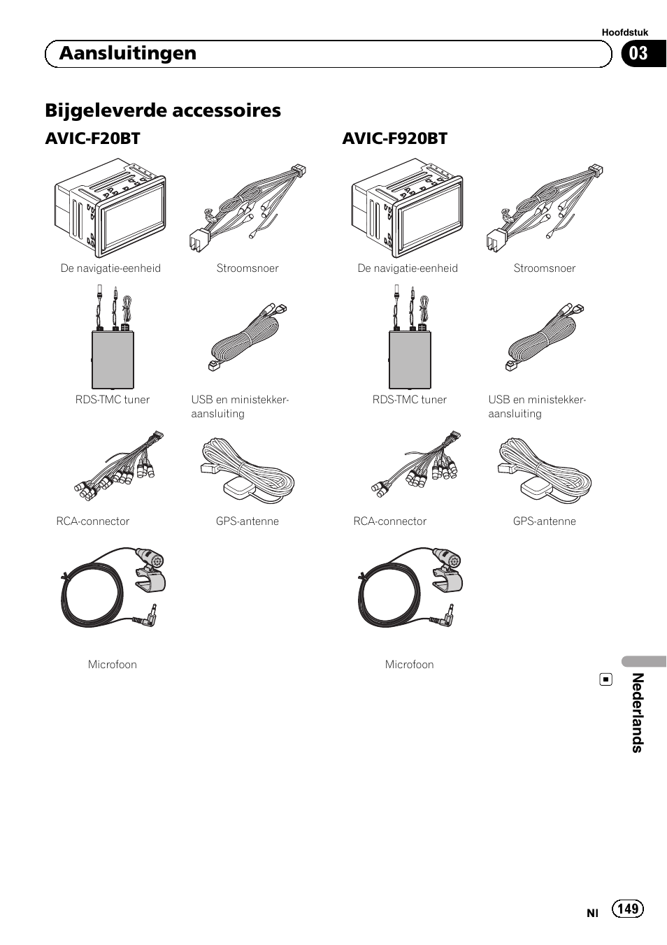 Bijgeleverde accessoires, Avic-f20bt 149, Avic-f920bt 149 | 03 aansluitingen, Avic-f20bt, Avic-f920bt | Pioneer AVIC-F9210BT User Manual | Page 149 / 172