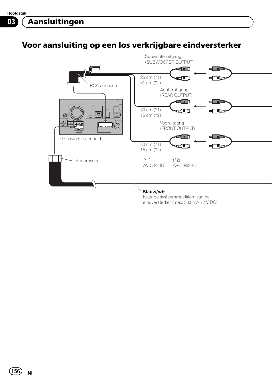 Voor aansluiting op een los verkrijgbare, Eindversterker, 03 aansluitingen | Pioneer AVIC-F9210BT User Manual | Page 156 / 172